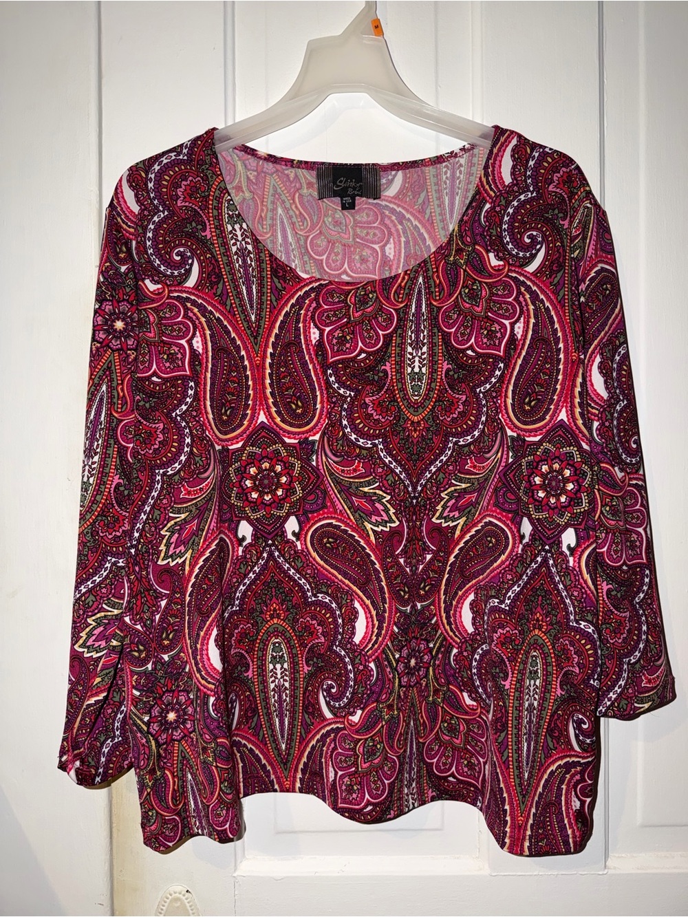 Slinky Brand Women’s Pink and Burgundy Paisley Scoop Neck Blouse